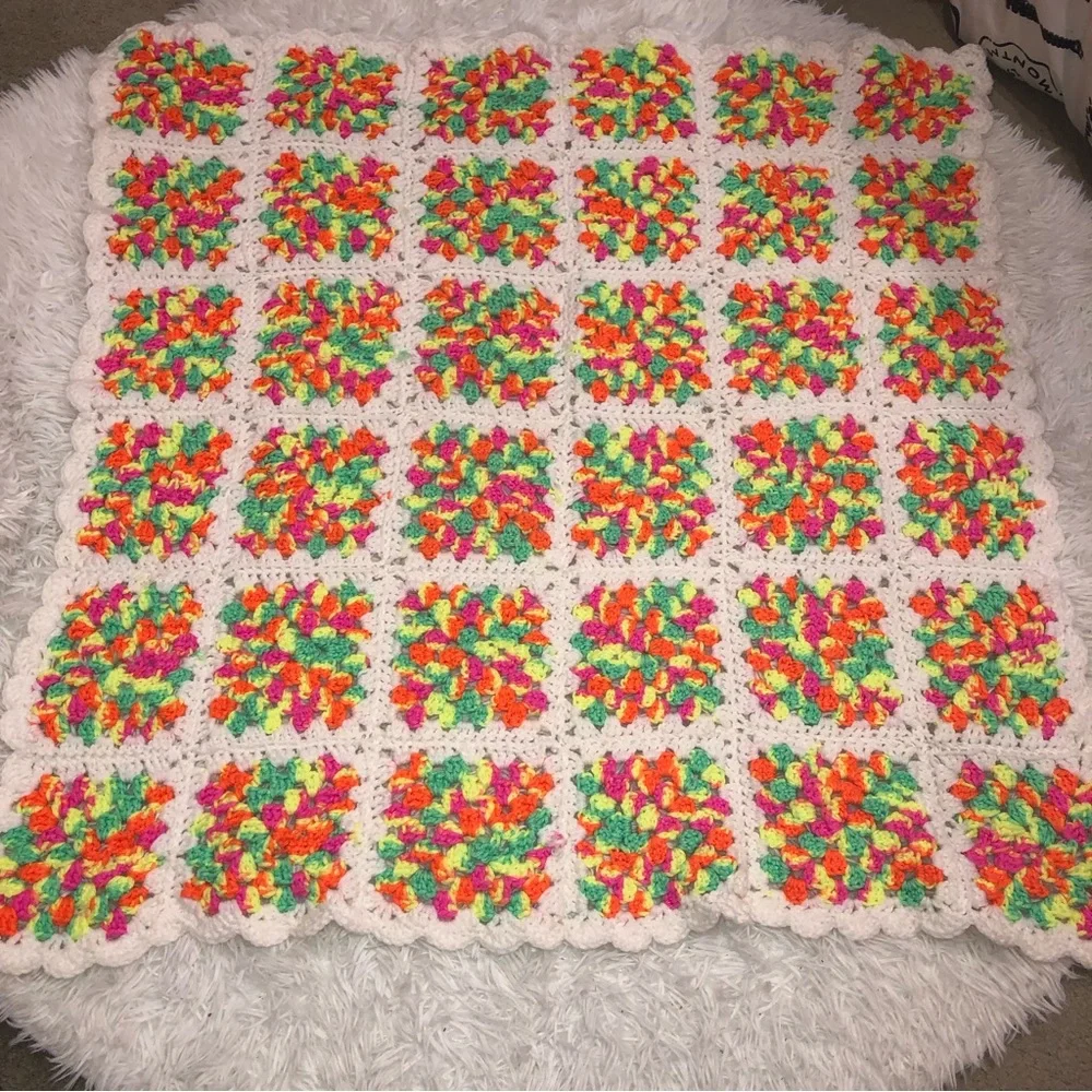 Handmade Crochet Blanket Granny Squares Bright Multi Color Blanket 35” x 34”